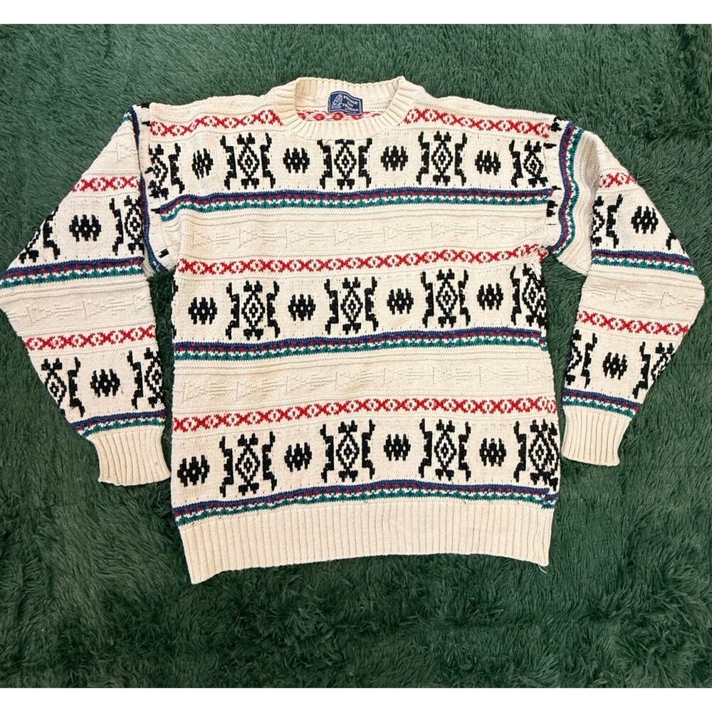 Vintage Peconic Bay Traders Cardigan Mens Large Creme Aztec Design Knit